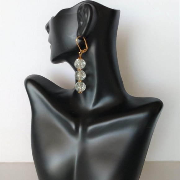 Handmade Iceflake Quartz Earrings On Gold Plated Brass Lever Hooks NWT - Picture 12 of 16